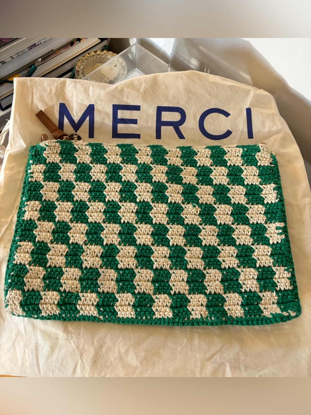 Clare V. Flat Clutch with Tabs in Sea Green & Cream Mini Crochet Checker - EUC - Picture 3 of 13